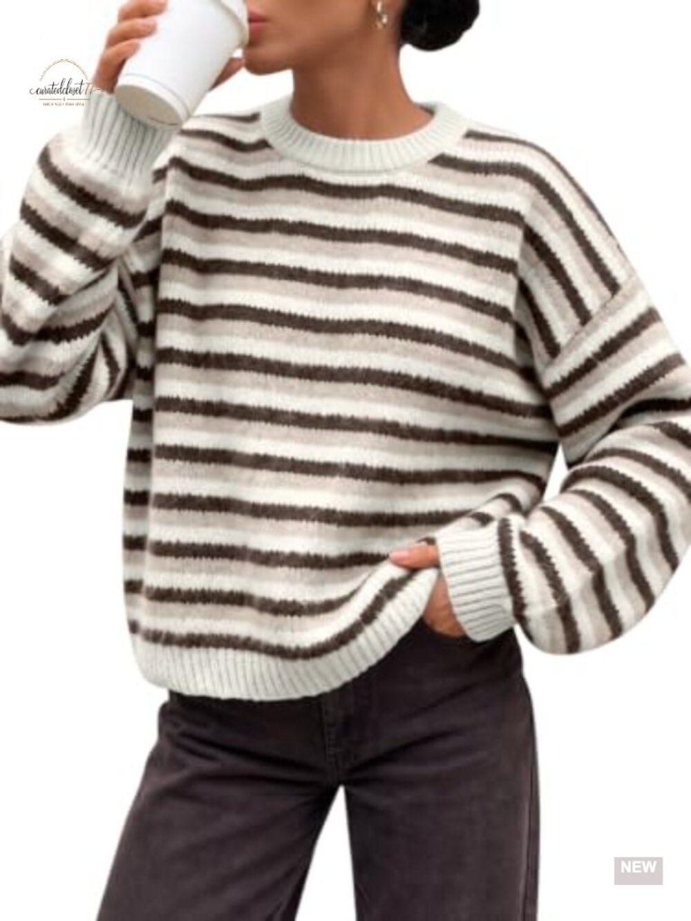 Women Striped Oversized Sweater Long Sleeve Crew Neck Pullover